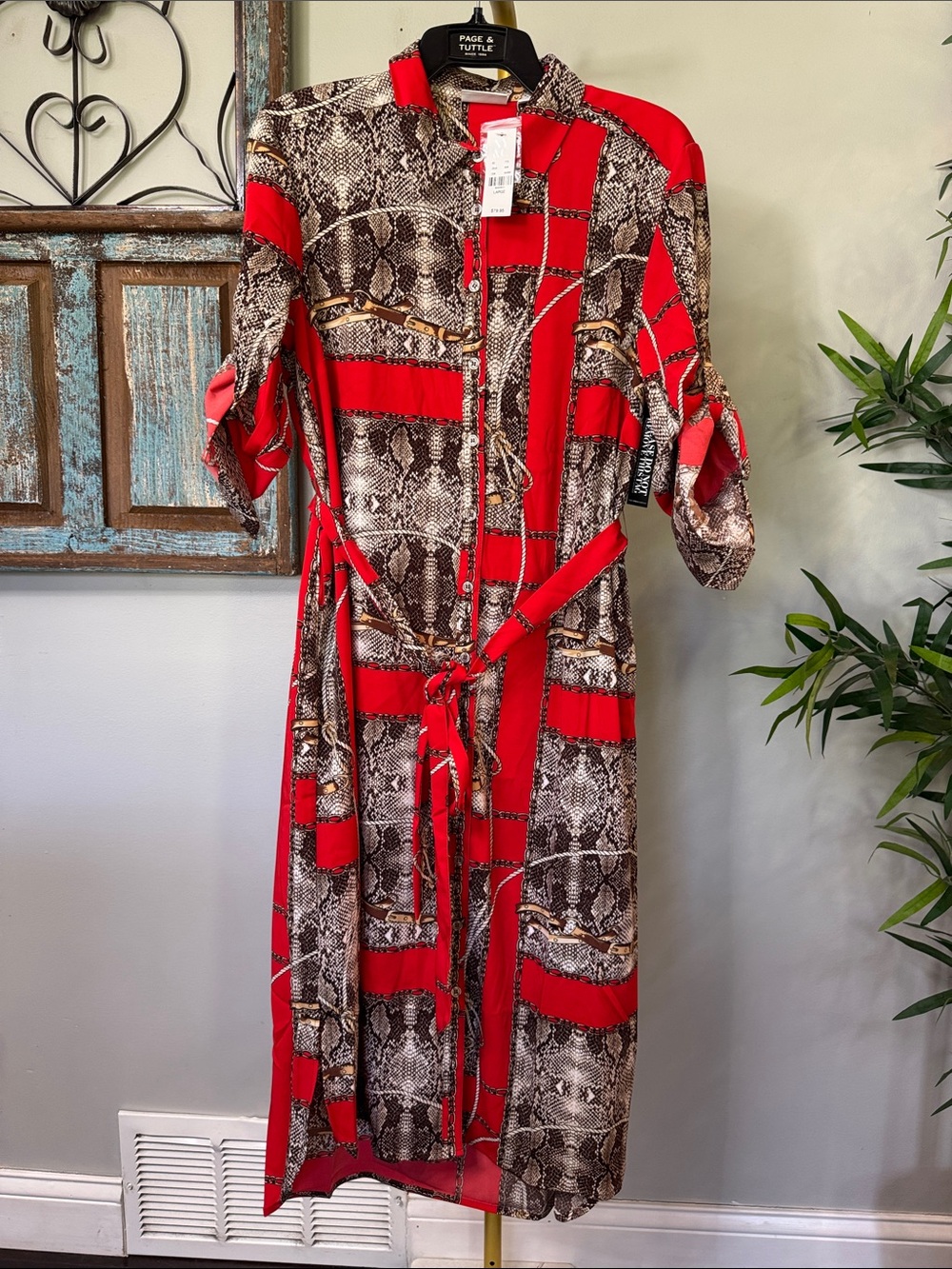 New York & Company Red and Brown Snake-Print Midi Shirt Dress NWT L